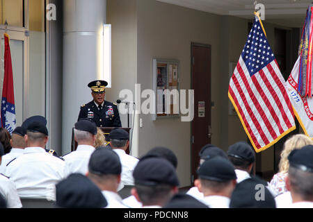 U.S. Army Central’s commanding general, Lt. Gen. Michael X. Garrett, speaks at the USARCENT wreath laying ceremony on 3 Aug. to honor the fallen service members who have died in service to our great nation while assigned to USARCEN/Third Army over the past 100 years. The ceremony is part of the 100 days of honor phase of the units centennial celebration. (U.S. Army photo by Staff Sgt. Christal Crawford) Stock Photo