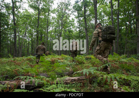 3rd Princess of Wales's Royal Regiment is an infantry regiment of the British Army participating in coalition training. Personnel from the regiment and U.S. Marine Corps Reserve Kilo Company, 3rd Battalion, 25th Marine Regiment move toward a navigation point during Exercise Northern Strike at Camp Grayling, Michigan on August 6, 2018. The archival photograph records joint movement in a multinational training environment. Stock Photo