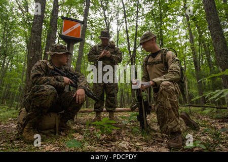 3rd Princess of Wales's Royal Regiment is an infantry regiment of the British Army engaged in coalition training operations. British and U.S. Marine Corps Reserve personnel from Kilo Company, 3rd Battalion, 25th Marine Regiment conduct land navigation tasks during Exercise Northern Strike at Camp Grayling, Michigan on August 6, 2018. The archival photograph documents cooperative field training between allied forces. Stock Photo