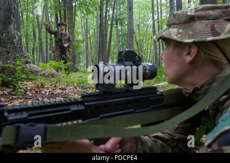 3rd Princess of Wales's Royal Regiment is an infantry regiment of the British Army engaged in coalition exercises. A medic instructs U.S. Marine Corps Reserve personnel from Kilo Company, 3rd Battalion, 25th Marine Regiment in fire and maneuver drills during Exercise Northern Strike at Camp Grayling, Michigan on August 6, 2018. The archival photograph documents cross training between allied forces. Stock Photo