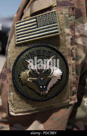 An airman from the 175th Expeditionary Fighter Squadron, South Dakota Air National Guard, wears the unit patch on his uniform while deployed to Bagram Airfield, Afghanistan, August 5, 2018. The 175th EFS are deployed from the 114th Fighter Wing, Joe Foss Field, Sioux Falls, in support of combat operations in Afghanistan. (U.S. Air Force photo by Tech. Sgt. Eugene Crist) Stock Photo