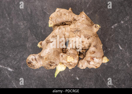 Whole ginger roots on dark old stone background table, space for text. Stock Photo