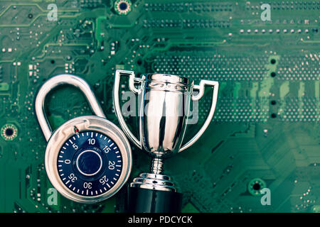 Data security expert. Padlock and trophy on a computer electronic circuit board. Stock Photo