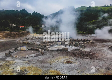 Lagoa das Furnas is one of the three main crater lakes on Sao Miguel. It has naturally boiling water of the caldeiras (hot springs). There are multipl Stock Photo