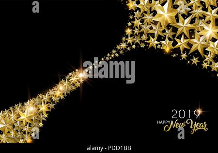Happy New Year 2019, elegant greeting card with champagne bottle illustration made of gold stars. Luxury holiday party design. EPS10 vector. Stock Vector