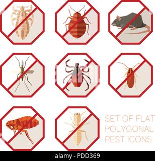 Set of flat polygonal signs of pest icons Stock Vector