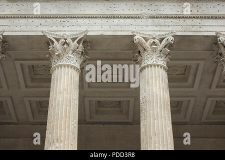 View of the ancient roman temple, the Maison Carree, in the beautiful southern French city of Nimes. Elegant doric columns. Stock Photo