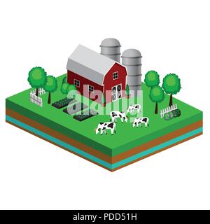 Isometric Red Barn And Trees cows vector illustration Stock Vector