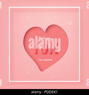 10K followers thank you post with heart shape, frame and decoration. 10000 subscribers celebration banner. Pink greeting card for social networks. Vec Stock Vector