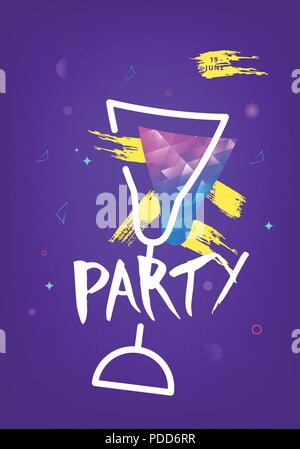 Party banner with wineglass shape. Vertical flyer for holiday design with shine and geometric decorative elements. Card for social media invitation. P Stock Vector