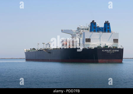 Rear View Of The Giant Supertanker (Crude Oil Tanker), ALASKAN LEGEND, At Anchor In The Port Of Long Beach, California, USA. Stock Photo