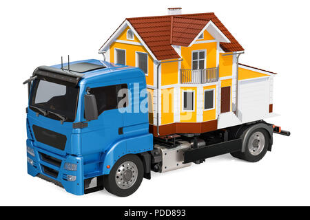 Household moving services concept. Truck with house, 3D rendering isolated on white background Stock Photo