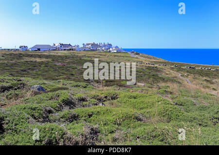 Land's End tourist complex from the South West Coast Path, Land's End, Sennen, Cornwall, England, UK. Stock Photo