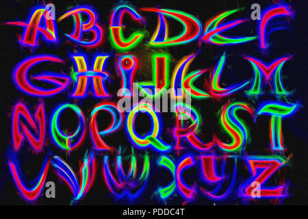 A digital artwork, of stylized alphabet letters (from A to Z), 'painted' in neon on a brick background, as if graffiti art in an urban setting. Stock Photo