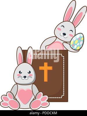 holy bible and cute rabbits with easter eggs over white background, vector illustration Stock Vector