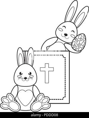 holy bible and cute rabbits with easter eggs over white background, vector illustration Stock Vector