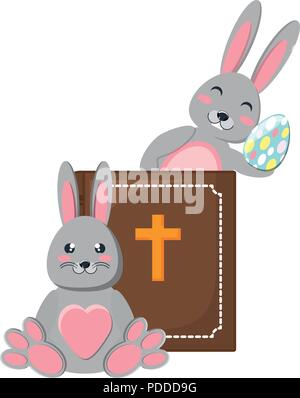 holy bible and cute rabbits with easter eggs over white background, vector illustration Stock Vector