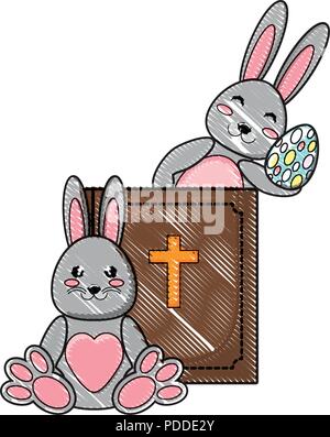 holy bible and cute rabbits with easter eggs over white background, vector illustration Stock Vector