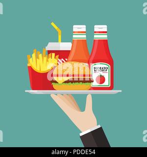 Waiter serving a fast food with sauce. Flat style vector illustration Stock Vector