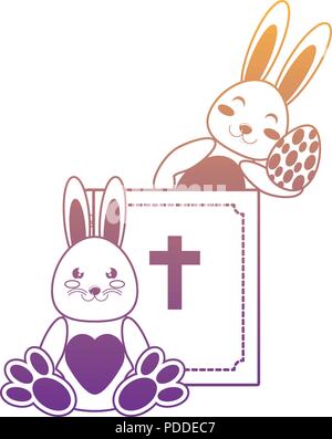 holy bible and cute rabbits with easter eggs over white background, vector illustration Stock Vector