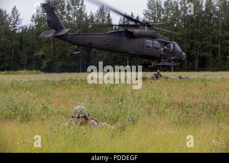 Marines with Charlie Company, 1st Battalion, 23rd Marine Regiment, competing in the 4th Marine Division Annual Rifle Squad Competition, post security while the rest of their squad is dropped off by a U.S. Army Sikorsky UH-60 Black Hawk at Joint Base Elmendorf-Richardson, Anchorage, Alaska, Aug. 6, 2018. Super Squad Competitions were designed to evaluate a 14-man infantry squad throughout an extensive field and live-fire evolution. (U.S. Marine Corps photo by Lance Cpl. Samantha Schwoch/released) Stock Photo