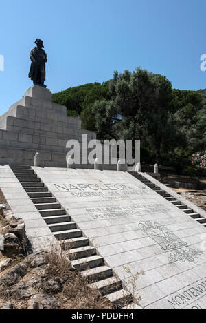 A giant statue of Napoleon Bonaparte, Ajaccio born and France’s first emperor on top of a granite shaped pyramid in a park of olive trees, Place d’Aus Stock Photo