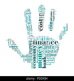 Background concept wordcloud illustration of finance and business words on hand shape Stock Photo