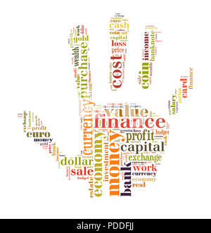 Background concept wordcloud illustration of finance and business words on hand shape Stock Photo