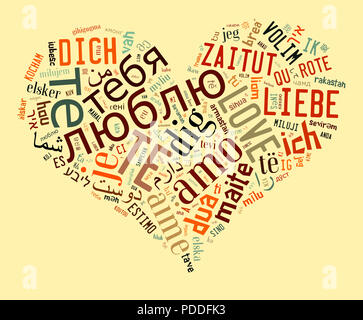 Love and valentine concept wordcloud, text love in different languages in heart shape Stock Photo