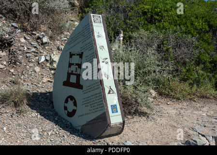 An tourist information and safety stone on the La Pointe de la Parata facing the Iles-Sanguinaires, a short distance west of Ajaccio, capital city of Stock Photo