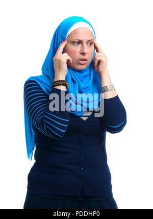 Beautiful Modern Muslim Woman Expressing Worry Isolated on White Background Stock Photo