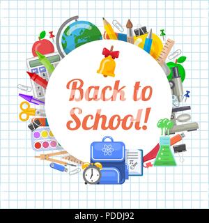 Time to back to school objects round composition. Nice combination of school elements. Vector illustration for education design. Stock Vector