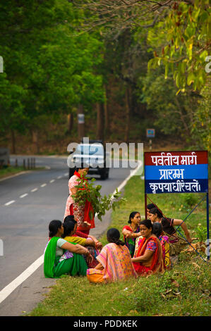 Indian womans in traditional saris on the road Kaladhungi-Naini Tal near Kaladhungi, Uttarakhand, India Stock Photo