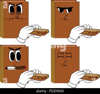 Books eating a sandwich. Cartoon book collection with angry faces. Expressions vector set. Stock Vector