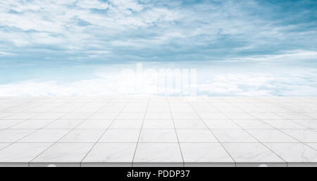 Business concept - Empty marble floor top with panoramic sky view under sunrise and morning blue bright sky for display or montage product Stock Photo