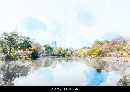 beautiful scenery with red leaf, blossom sakura, clear pond and bright vivid blue sky in spring cherry blossom season, Shinjuku Gyoen Park, Tokyo, Jap Stock Photo
