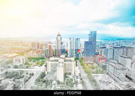 Asia Business concept for real estate - panoramic modern cityscape building bird eye aerial view under sunrise and morning blue bright sky in Taipei,  Stock Photo
