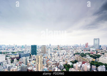 Business and culture concept - panoramic modern city skyline bird eye aerial view from tokyo tower under dramatic grey cloudy sky in Tokyo, Japan Stock Photo