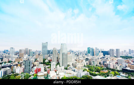 Business and culture concept - panoramic modern city skyline bird eye aerial view from tokyo tower under dramatic morning blue cloudy sky in Tokyo, Ja Stock Photo
