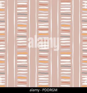 Hand drawn earthy clay tones ladder-like tribal marks and stripes, mimicking folk stitching on dusty pink background. Vector seamless pattern. Fresh a Stock Vector