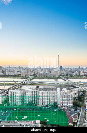 Business and culture concept - panoramic modern city skyline bird eye aerial view with tokyo skytree under dramatic sunset glow and beautiful cloudy s