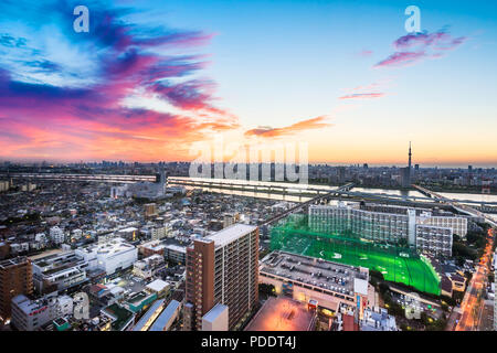 Business and culture concept - panoramic modern city skyline bird eye aerial view with Mountain Fuji and tokyo skytree under dramatic sunset glow and  Stock Photo