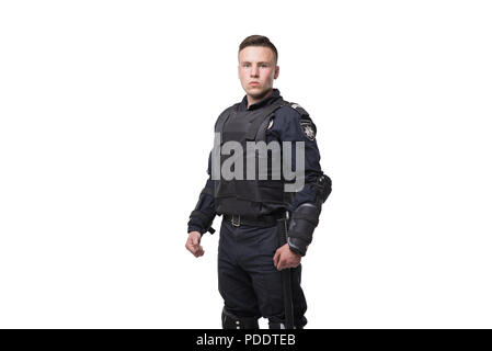 Armed police officer isolated on white background Stock Photo