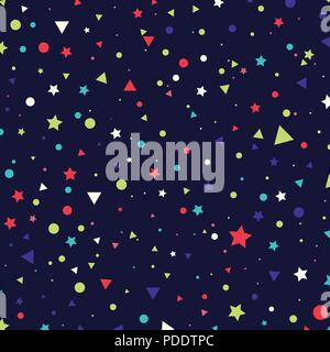 Abstract pattern colorful small circles, stars and triangles on blue background. Infinity geometric. Vector illustration Stock Vector