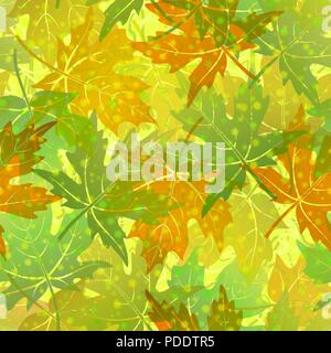 Seamless Background, Tile Pattern of Green Summer and Orange and Brown Autumn Maple Tree Leaves. Vector Stock Vector