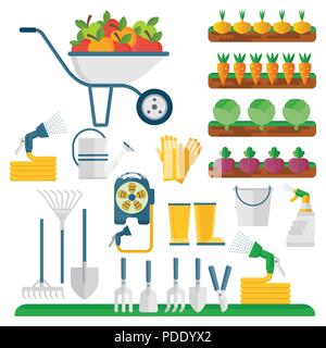 Garden tools, machinery for harvesting and farmers character. Stock Vector