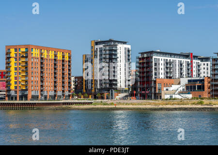 View across the river Itchen to the new development of luxury flats in Centenary Quay Woolston, Southampton during summer 2018, UK Stock Photo