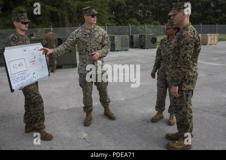 U.S. Marine Corps 1st Lt. Jacob Hoxie with 2nd Supply Battalion, Combat Logistics Regiment 25, 2nd Marine Logistics Group, explains maritime prepositioning force operations to Col. Boyd Miller, commanding officer of Headquarters Regiment, 2nd MLG, during Command Post Exercise 2-18 on Camp Lejeune, N.C., May 19, 2018. 2nd MLG conducted CPX 2-18 in order to improve its warfighting readiness in command and control of the Logistics Combat Element for II Marine Expeditionary Force. Stock Photo