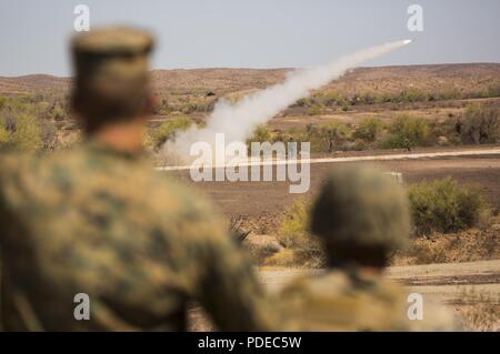 U.S. Marines with 3rd Low Altitude Air Defense (LAAD) Battalion fire FM-92 stinger missiles as part of a live fire exercise at Yuma Proving Grounds, Ariz., May 19, 2018. The purpose of the exercise was to test the stinger missiles and to qualify Marines as part of their annual training. Stock Photo