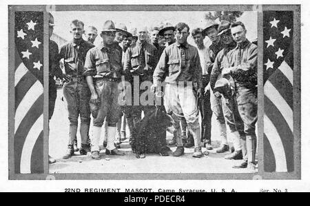 U.S. Army Soldiers of the 22nd Infantry Regiment pose in 1918 with their unit mascot, a black bear cub, at Camp Syracuse, N.Y. The regiment provided training to new recruits and National Guard Citizen Soldiers in America’s mobilization for World War I. Camp Syracuse, located on a portion of the New York state fairgrounds, processed more than 40,000 Soldiers for the war effort. Photo Stock Photo